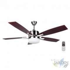Ceiling fan with remote control, 5 blades, light, 3 speeds.