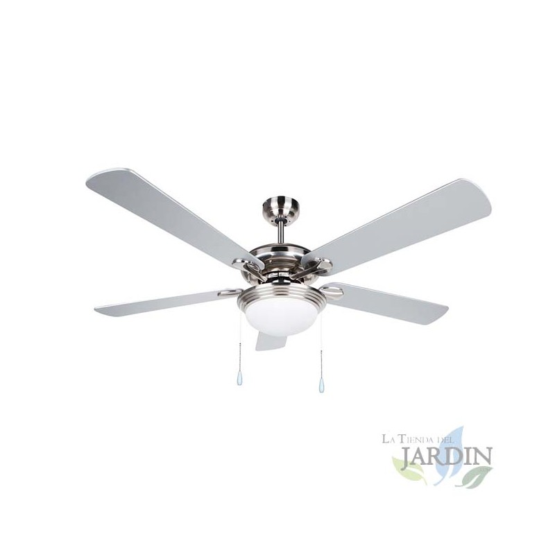 Ventilateur de plafond avec lumière, 5 pales réversibles, diamètre 132 cm, 3 vitesses.