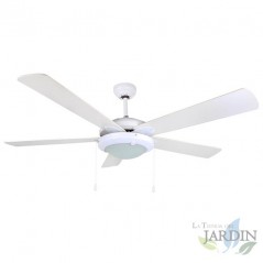 Ventilador de techo con luz, 5 palas, 132 cm de diámetro, potencia de 60 W y 3 velocidades.
