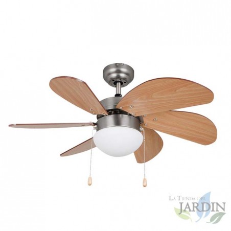 Ventilatore da soffitto con luce, 3 velocità, 6 pale in legno, 50W.