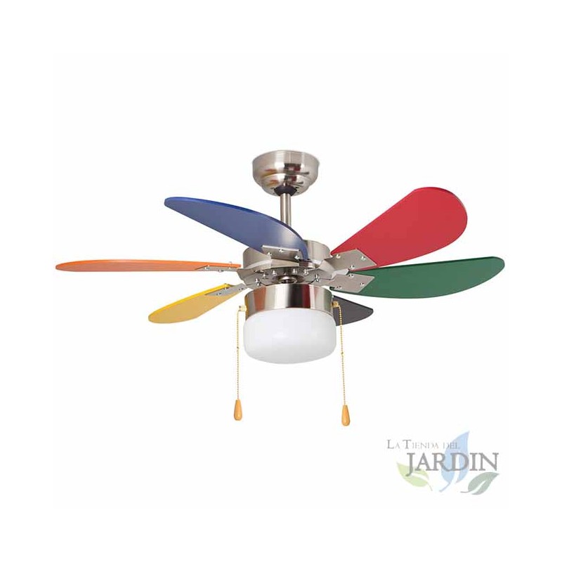 Ventilador de techo con luz, 6 palas multicolor, 3 velocidades