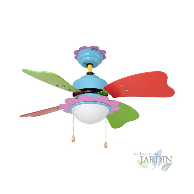 Ventilador de teto com luz, 3 velocidades, pás coloridas
