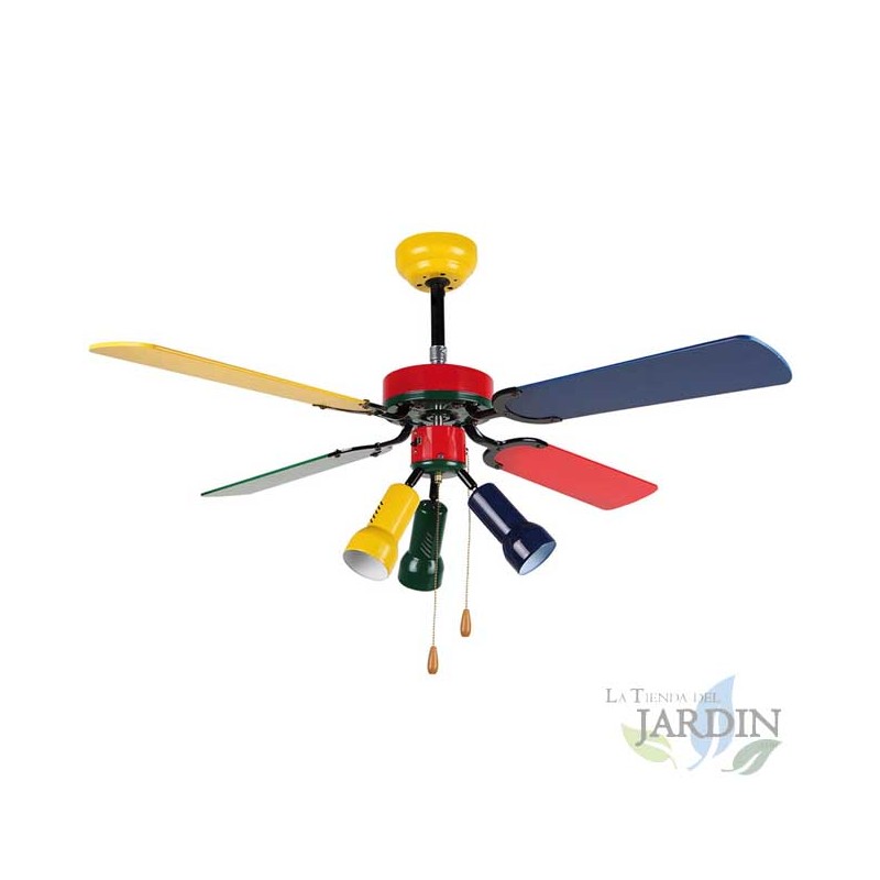 Ventilatore da soffitto con luce, 4 pale multicolori, 3 velocità.