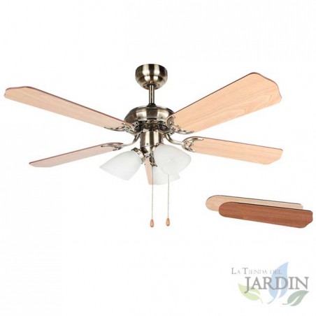 Ceiling fan with light, 5 reversible blades, diameter 105 cm.