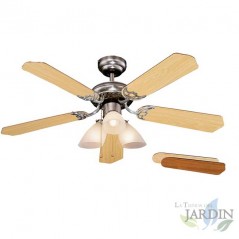 Ventilatore da soffitto con luce, 5 pale reversibili, 3 velocità, colore Cromo.