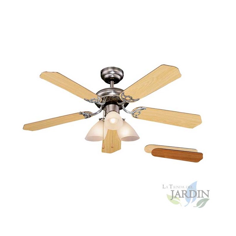 Ceiling fan with light, 5 reversible blades, 3 speeds.