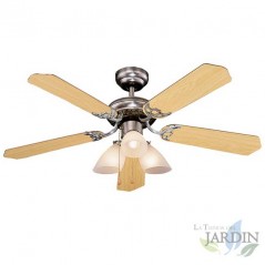 Ventilatore da soffitto con luce, 5 pale reversibili, 3 velocità, colore Cromo.