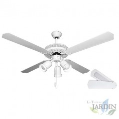 Ventilador de techo con luz, 4 palas reversibles, color blanco.