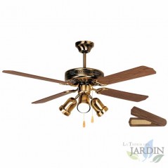  Orbegozo Deckenventilator mit Licht, 4 Wendeflügel, 3 Geschwindigkeiten, altgoldene Farbe.