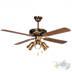 Ventilador de techo Orbegozo con luz, 4 palas reversibles, 3 velocidades, color oro viejo.