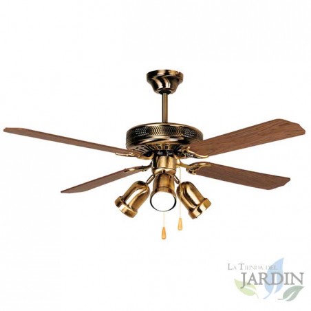  Orbegozo Deckenventilator mit Licht, 4 Wendeflügel, 3 Geschwindigkeiten, altgoldene Farbe.