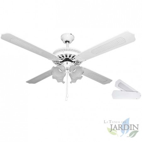 Ventilatore da soffitto con luce, 4 pale reversibili, bianco.