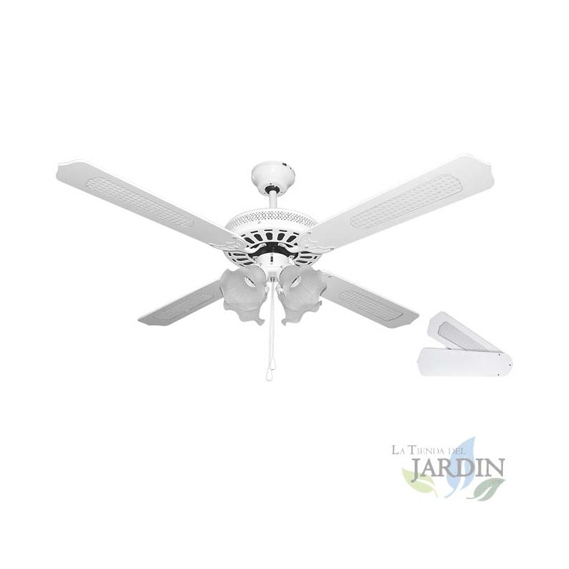 Ventilatore da soffitto con luce, 4 pale reversibili, bianco.