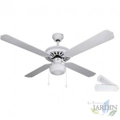 Ventilador de techo con luz, 4 palas reversibles, color blanco, 60W.