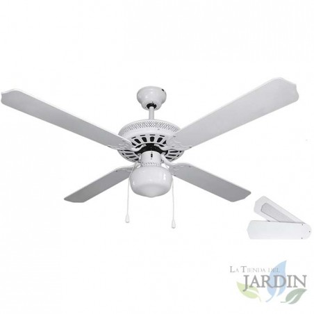 Ventilatore da soffitto con luce, 4 pale reversibili, bianco, 60W.
