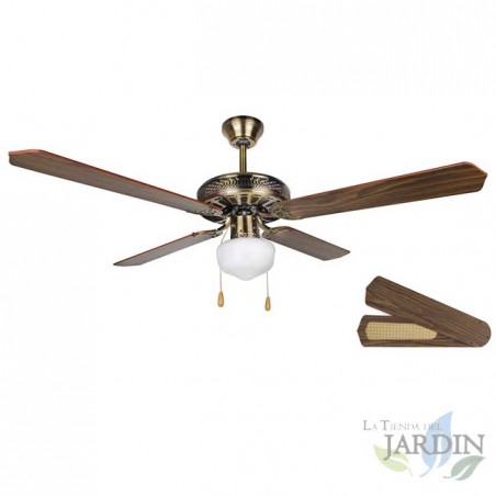 Ventilatore da soffitto con luce, 4 pale reversibili, 60 W, oro antico.