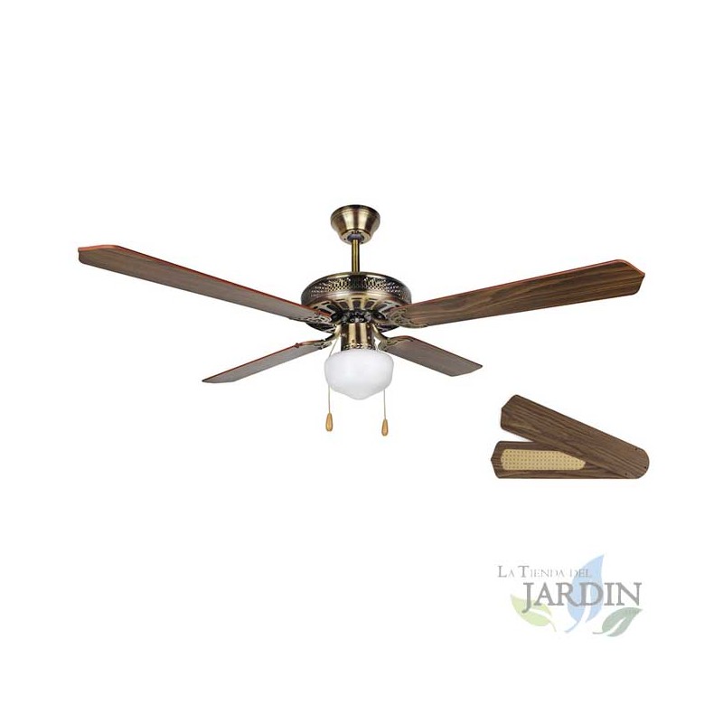 Ceiling fan with light, 4 reversible blades, 60 W, old gold.