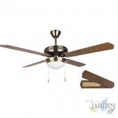 Ventilador de techo con luz, diámetro 132 cm, 4 palas reversibles, 3 velocidades, 60 W, oro viejo