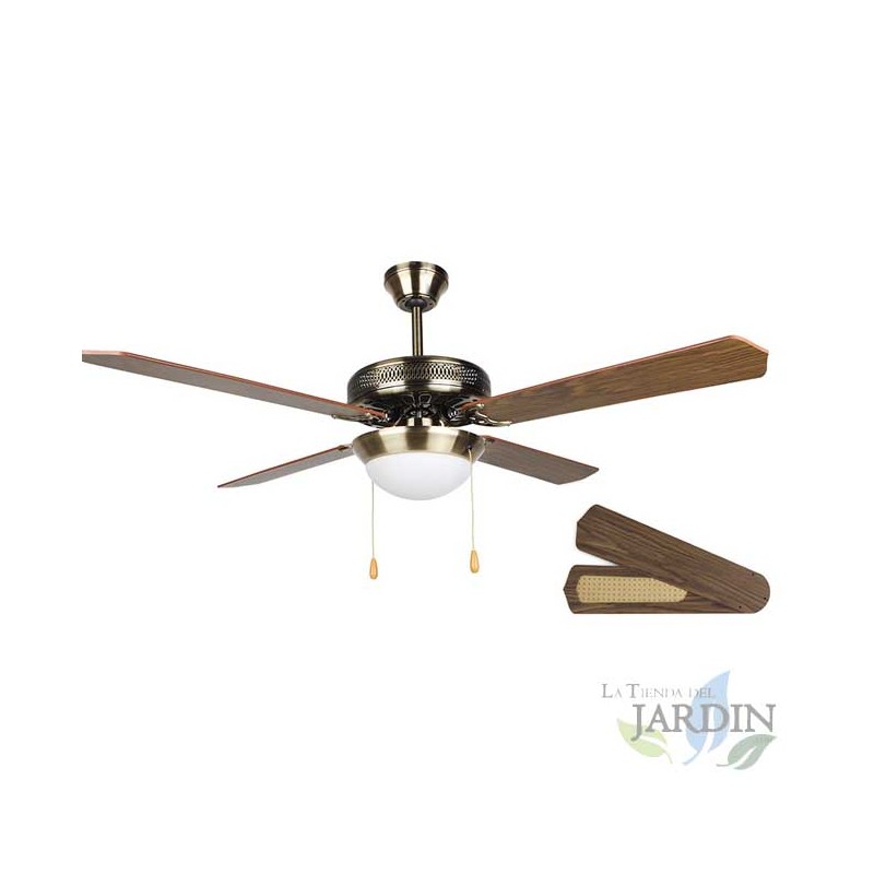 Ventilador de techo con luz, diámetro 132 cm, 4 palas reversibles, 3 velocidades, 60 W, oro viejo