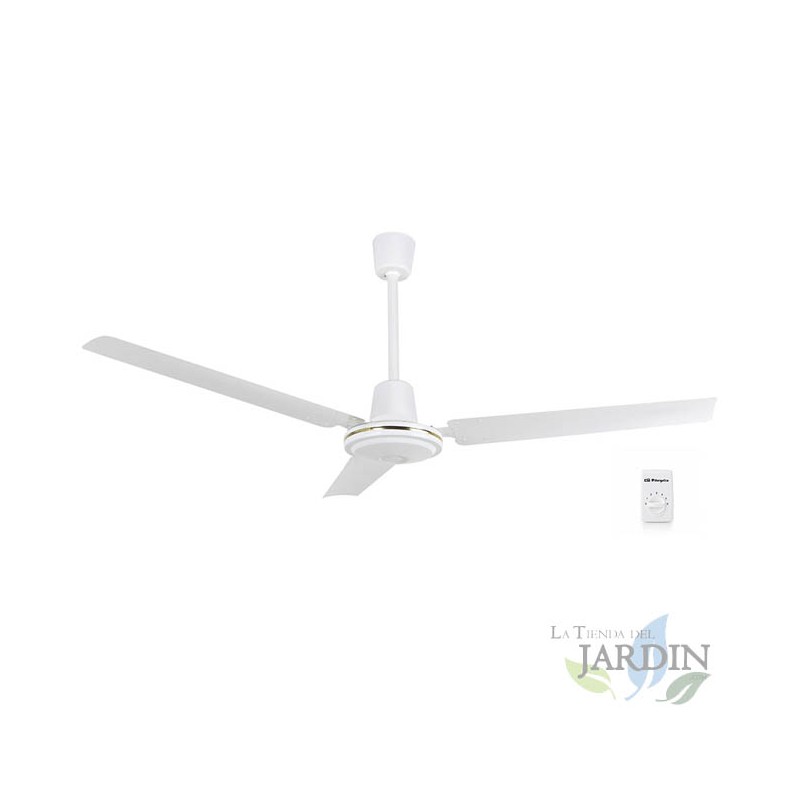 Ventilador de techo con mando de pared, 3 aspas metálicas, 5 velocidades, blanco.