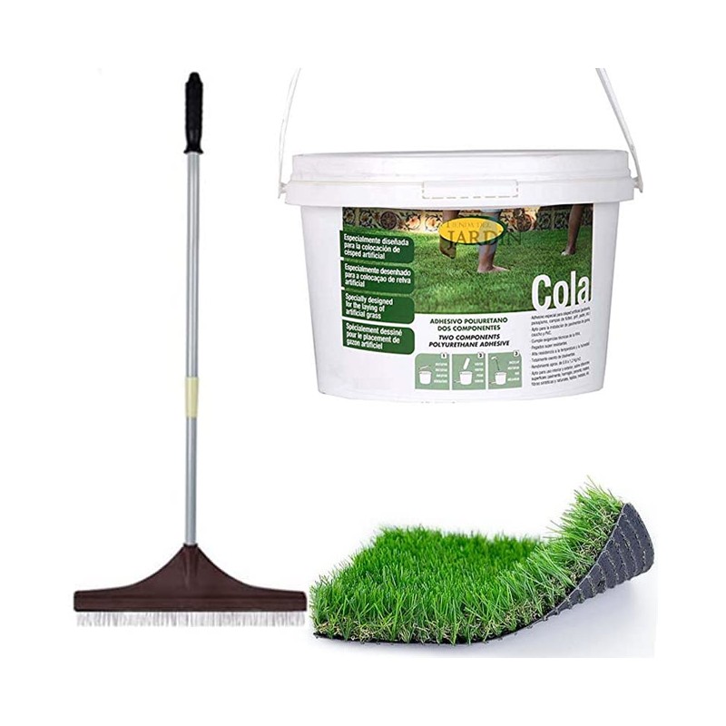 Lot Colle Adhésive Gazon Artificiel 5,5 kg + Brosse Peigne Balai pour gazon artificiel extensible