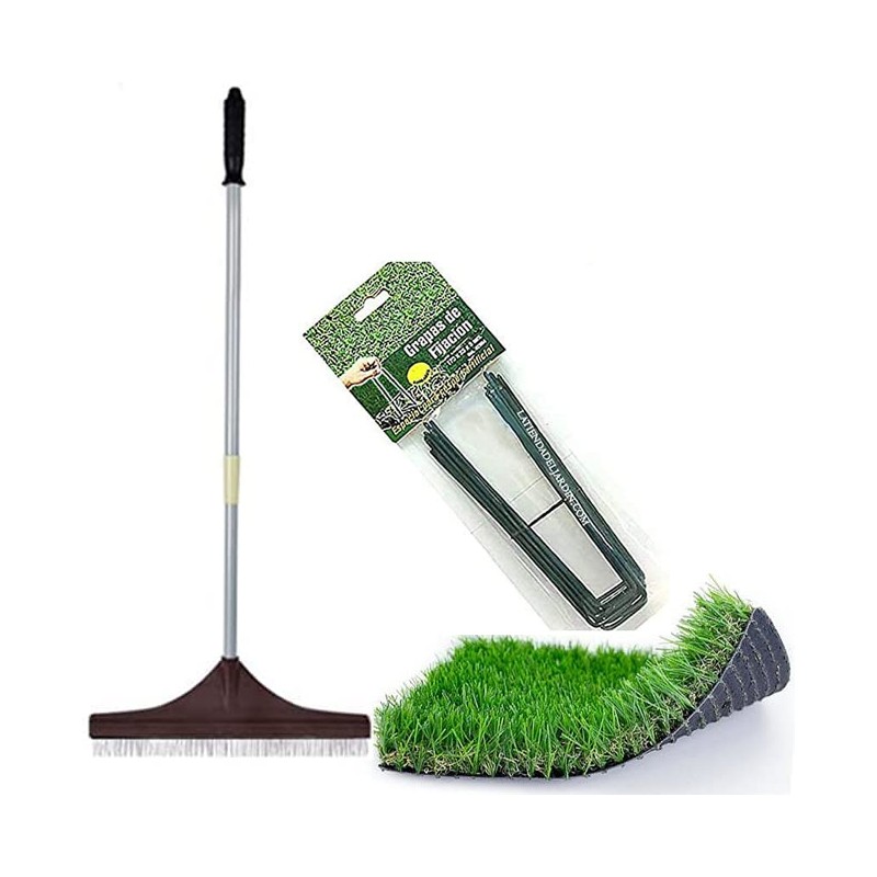 Brosse extensible pour balayer et soulever l'herbe artificielle + 100 Agrafes pour jardin, gazon artificiel