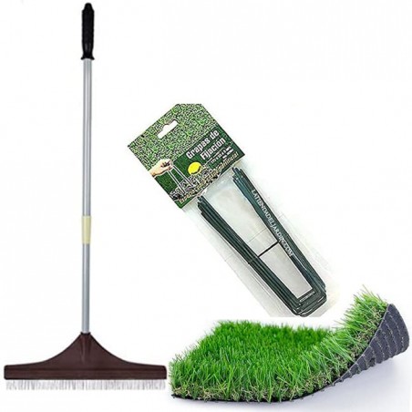 Ausziehbürste zum Fegen und Anheben von Kunstrasen + Klammern für Kunstrasen (Pack x 100)