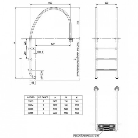 Scaletta per piscina con sfioratore - 4 gradini	
