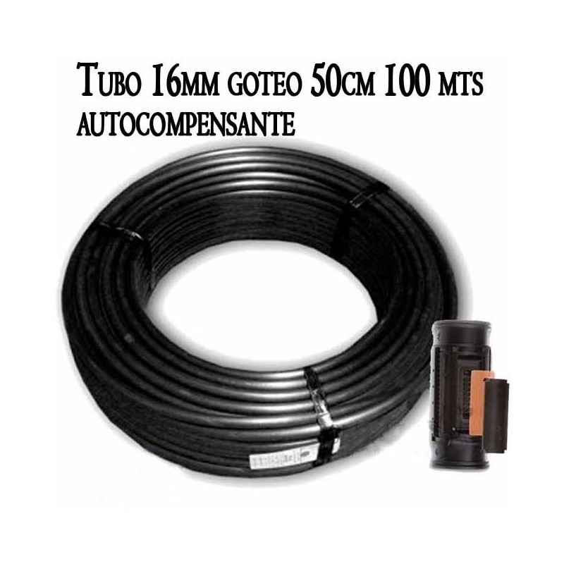 Tubo autocompensante 16mm a 50cm separación por gotero, bobina negra de 100 metros