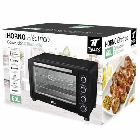 Forno elétrico Thulos 60L com convecção de 2500W, controle de temperatura até 230°C, grelha e bandeja, 64x46x40 cm