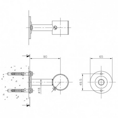 Supporto diritto con piastra in acciaio inox per corrimano Ø 43 mm.
