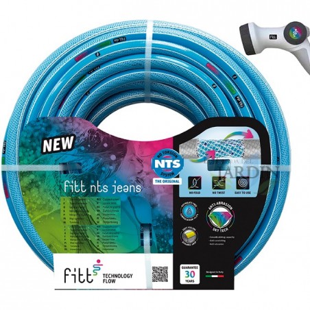 KIT Tubo per irrigazione giardino NTS jeans 15 mm 15 metri con nuova lancia, antitorsione a 6 strati, con 6 strati