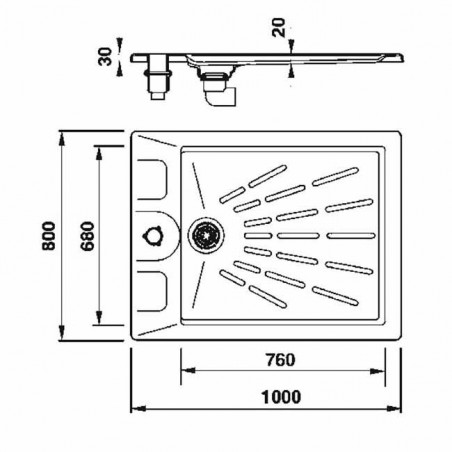 Piatto doccia classico rettangolare con ancoraggio Ø43, dimensioni 100 x 80 cm.