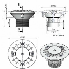 Boquilla de fondo para piscina de hormigón con rosca exterior 2" y Ø interior 50 mm.