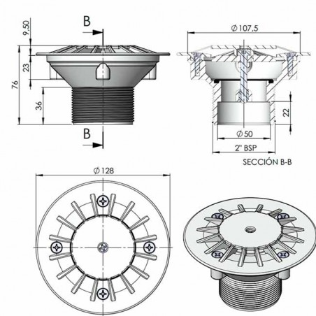 Bottom nozzle for concrete pools with 2" external thread and 50 mm internal Ø.