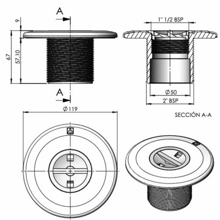 Buse d'aspiration avec filetage extérieur 2'' et Ø intérieur 50 mm pour piscines en béton