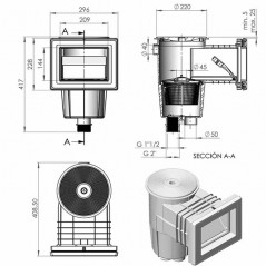  15 liter skimmer with standard mouth for swimming pools, square lid