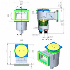 Skimmer de 17,5 litres avec bouche standard et couvercle carré pour piscines avec liner et préfabriquées.