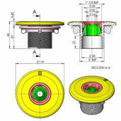 Multiflow-Einspritzdüse mit 2'' Außengewinde und Innenkleber Ø 50 mm.	