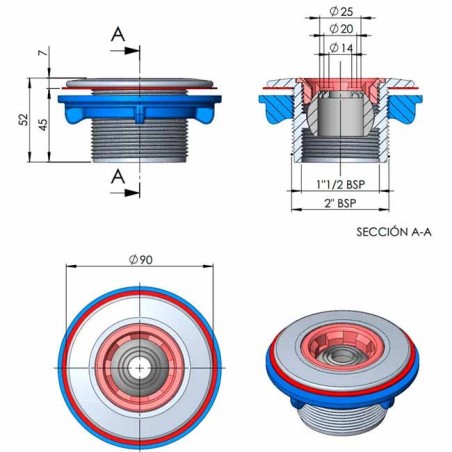 Boquilla de impulsión Multiflow con rosca exterior 2" y rosca interior de 1½".