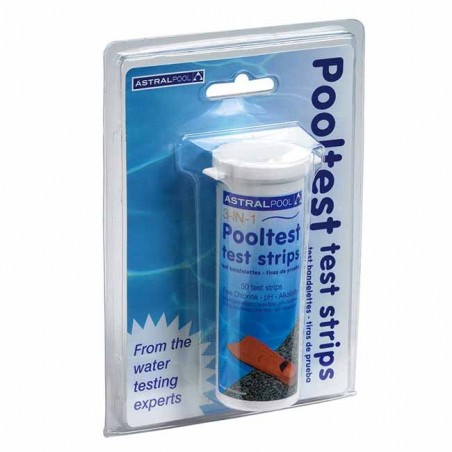 3-in-1 test strips, analysis of free chlorine, pH and alkalinity.