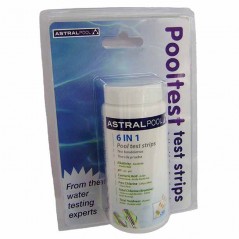 6-in-1 Test Strips, Analyzes free chlorine, pH, alkalinity, bromine, hardness and cyanuric acid.