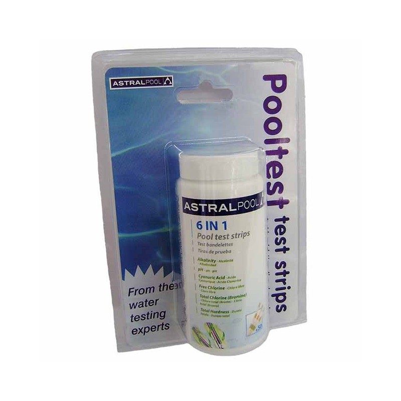 50 Tiritas de prueba 6 en 1, Análisis cloro libre, pH, alcalinidad, bromo, dureza y ácido cianúrico.