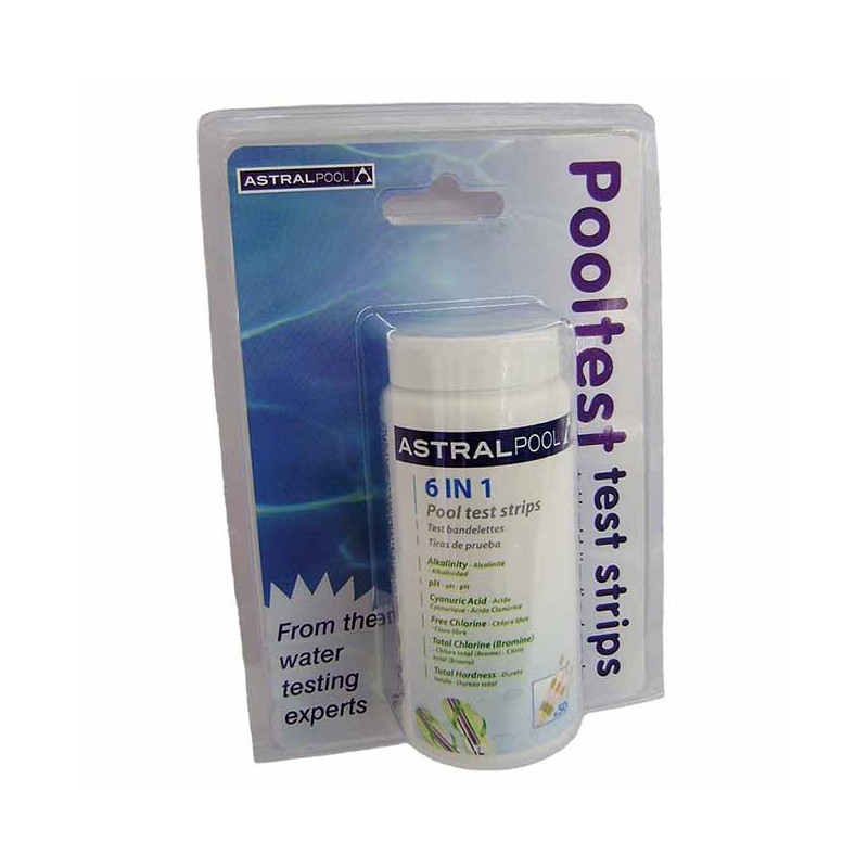 Strisce reattive 6 in 1, Analisi di cloro libero, pH, alcalinità, bromo, durezza e acido cianurico. Strisce reattive 6 in 1, Analisi di cloro libero, pH, alcalinità, bromo, durezza e acido cianurico.