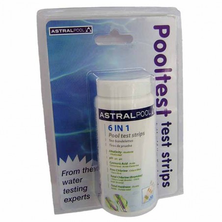  6-in-1 test strips, Analysis of free chlorine, pH, alkalinity, bromine, hardness and cyanuric acid.