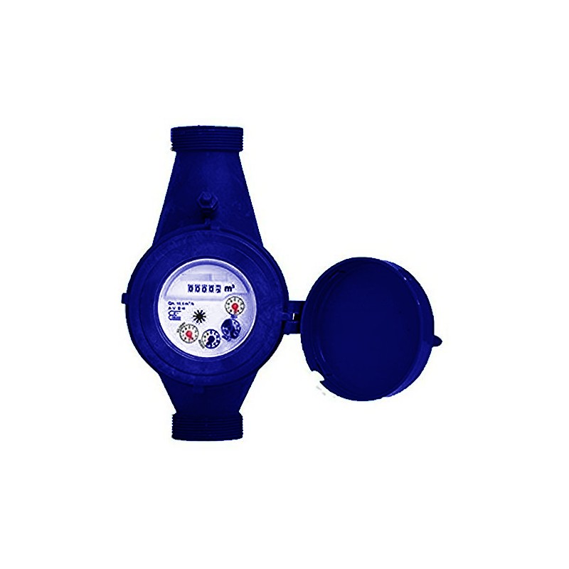 Compteur d'eau 20 mm de jet multiple avec certificat d'homologation C.E.E 3/4'' mâle/Sortie maximale 5 m3/h. Raccords inclus Compteur d'eau 20 mm de jet multiple avec certificat d'homologation C.E.E 3/4'' mâle/Sortie maximale 5 m3/h. Raccords inclus