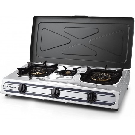 Fornello a gas, corpo in acciaio inox, 3 bruciatori, utilizzo interno ed esterno, gas butano o propano.