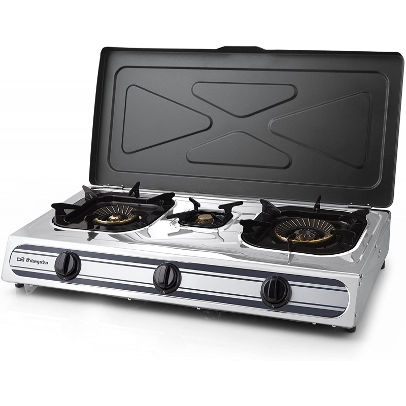 Fornello a gas Orbegozo FO3510, corpo in acciaio inox, 2 bruciatori a tripla corona