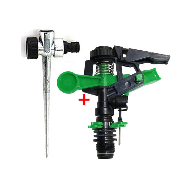 Arroseur à pulsation, arroseur de pelouse angle réglable, 6 à 12 mètres, mâle 1/2'', 430 à 1165 l/h + Piquet porte arroseur Arroseur à pulsation, arroseur de pelouse angle réglable, 6 à 12 mètres, mâle 1/2'', 430 à 1165 l/h + Piquet porte arroseur