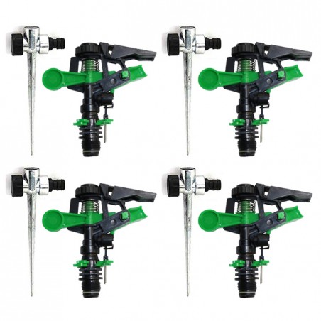 Set di 4 Irrigatore agricolo settoriale 1/2'' 6-12 m + 4 Irrigatore porta picchetti in metallo